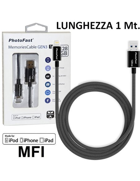 CAVO USB LIGHTNING CON PEN DRIVE 128GB INTEGRATA - CERTIFICATO MFI E CAVO IN TESSUTO - LUNGHEZZA 1 MT COLORE NERO PHOTOFAST