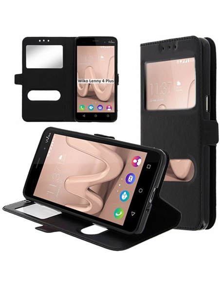 CUSTODIA per WIKO LENNY 4 PLUS - FLIP ORIZZONTALE SIMILPELLE CON INTERNO IN TPU SILICONE E DOPPIA FINESTRA ID COLORE NERO