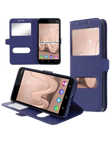 CUSTODIA per WIKO LENNY 4 PLUS - FLIP ORIZZONTALE SIMILPELLE CON INTERNO IN TPU E DOPPIA FINESTRA ID COLORE BLU SCURO