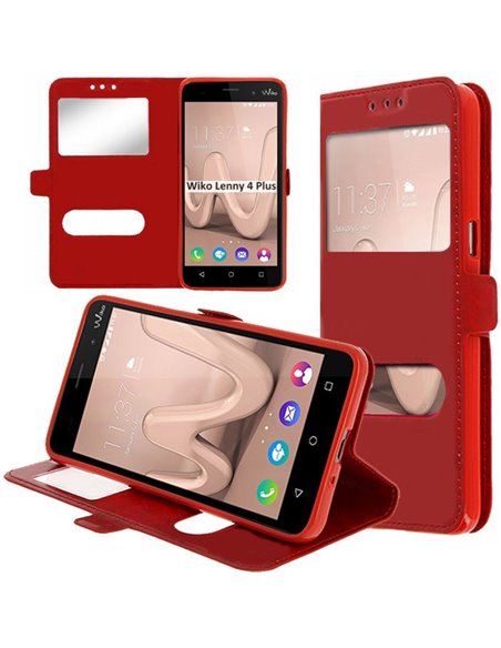 CUSTODIA per WIKO LENNY 4 PLUS - FLIP ORIZZONTALE SIMILPELLE CON INTERNO IN TPU SILICONE E DOPPIA FINESTRA ID COLORE ROSSO