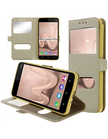 CUSTODIA per WIKO LENNY 4 PLUS - FLIP ORIZZONTALE SIMILPELLE CON INTERNO IN TPU SILICONE E DOPPIA FINESTRA ID COLORE ORO