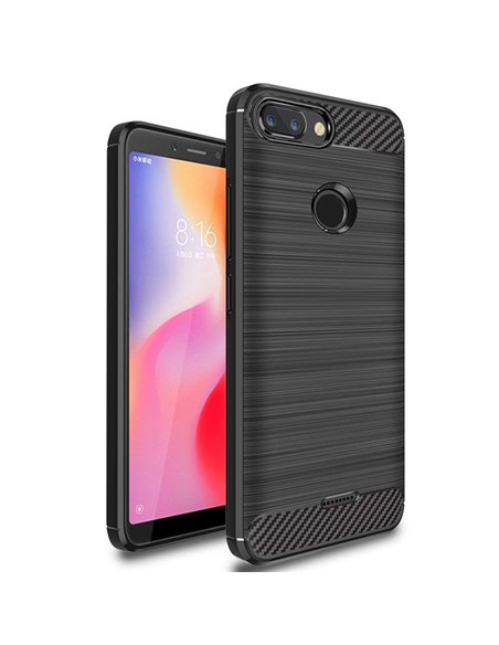 CUSTODIA per XIAOMI REDMI 6 IN GEL TPU SILICONE EFFETTO METALLICO CON INSERTI IN FANTASIA CARBONIO COLORE NERO