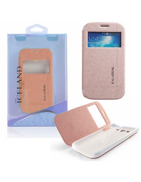 CUSTODIA FLIP ORIZZONTALE per SAMSUNG I9080 GALAXY GRAND, I9060 GALAXY GRAND NEO CON FINESTRA ID ORO EFFETTO CROSS ICELAND II