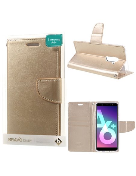 CUSTODIA per SAMSUNG GALAXY A6 PLUS 2018 (SM-A605) - FLIP ORIZZONTALE SIMILPELLE CON INTERNO IN TPU E STAND COLORE ORO BRAVO