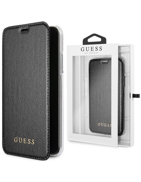 CUSTODIA per APPLE IPHONE XS MAX (6.5') - FLIP ORIZZONTALE COLORE NERO CON PARTE POSTERIORE TRASPARENTE GUESS BLISTER