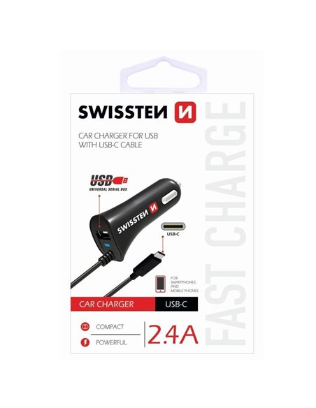 CARICATORE AUTO 2400mAh CON CONNETTORE TYPE-C + 1 PORTA USB COLORE NERO SWISSTEN 20111500 BLISTER