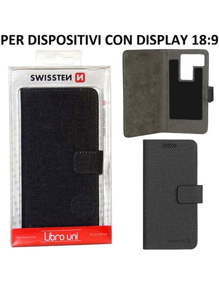 CUSTODIA FLIP ORIZZONTALE UNIVERSALE NERA con FISSAGGIO ADESIVO DIMENSIONI 148 X 71 mm MISURA 'L' SWISSTEN BLISTER