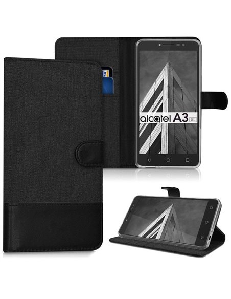 CUSTODIA per TIM SMART XL, ALCATEL A3 XL - FLIP ORIZZONTALE CON INTERNO IN TPU E STAND NERO EFFETTO JEANS CON INSERTO IN SIMILPE