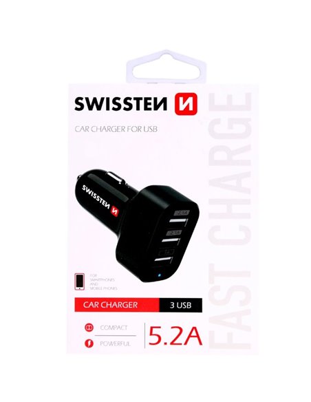 CARICATORE AUTO 5200mAh CON 3 PORTE USB ( 2 x 2.1A 1 x 1A ) COLORE NERO SWISSTEN 20111200 BLISTER