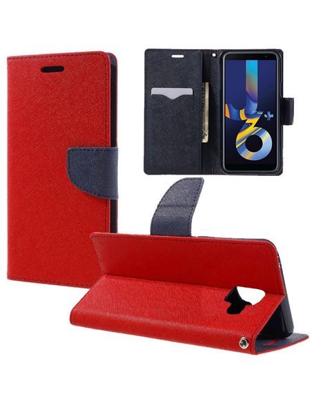 CUSTODIA per SAMSUNG GALAXY J6 PLUS (SM-J610) - FLIP ORIZZONTALE CON STAND, INTERNO IN TPU SILICONE E PORTA CARTE COLORE ROSSO