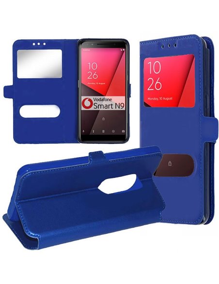 CUSTODIA per VODAFONE SMART N9 - FLIP ORIZZONTALE SIMILPELLE CON INTERNO IN TPU, STAND E DOPPIA FINESTRA ID COLORE BLU