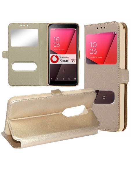 CUSTODIA per VODAFONE SMART N9 - FLIP ORIZZONTALE SIMILPELLE CON INTERNO IN TPU, STAND E DOPPIA FINESTRA ID COLORE ORO