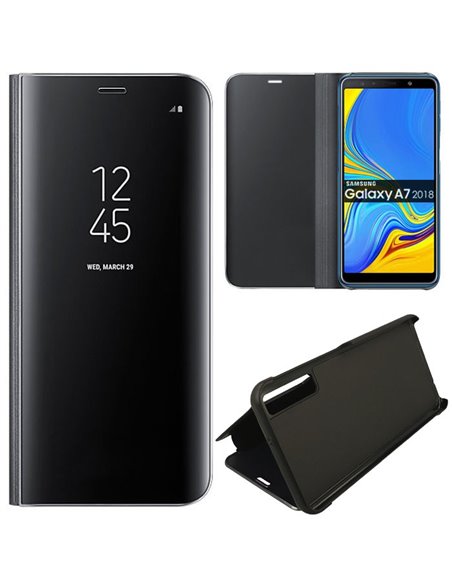 CUSTODIA per SAMSUNG GALAXY A7 2018 (SM-A750) - FLIP ORIZZONTALE CLEAR VIEW STANDING COVER COLORE NERO