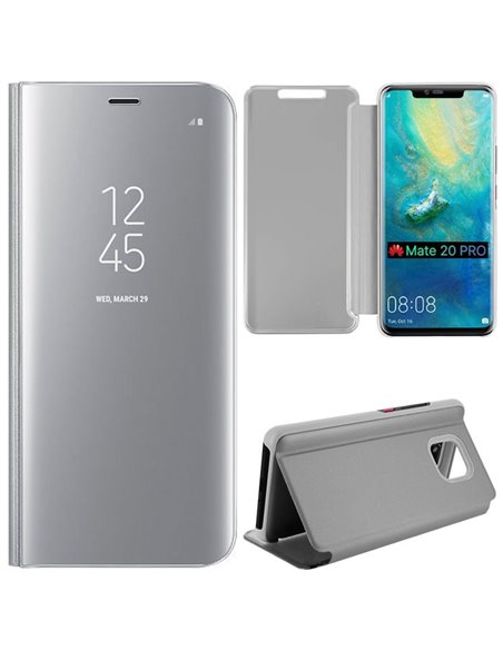 CUSTODIA per HUAWEI MATE 20 PRO - FLIP ORIZZONTALE CLEAR VIEW STANDING COVER COLORE SILVER