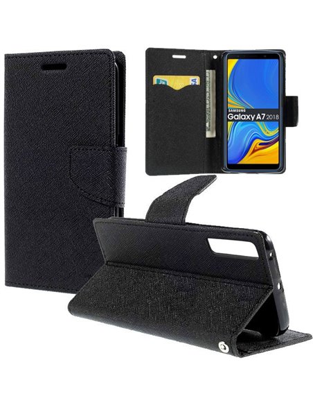 CUSTODIA per SAMSUNG GALAXY A7 2018 (SM-A750) - FLIP ORIZZONTALE CON STAND, INTERNO IN TPU SILICONE E PORTA CARTE COLORE NERO