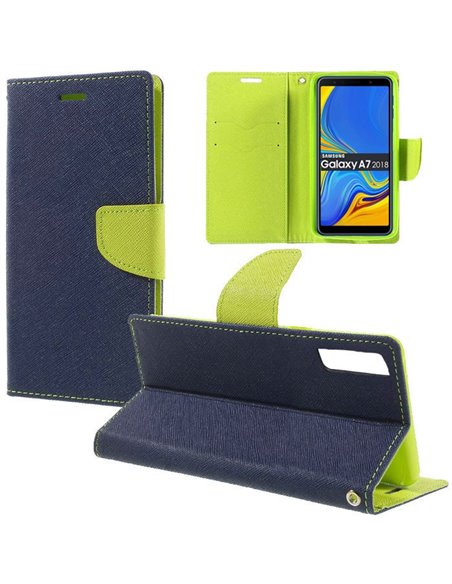 CUSTODIA per SAMSUNG GALAXY A7 2018 (SM-A750) - FLIP ORIZZONTALE CON STAND, INTERNO IN TPU SILICONE E PORTA CARTE COLORE BLU