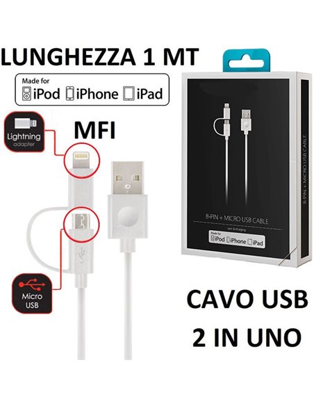 CAVO USB 2IN1 CON DOPPIO ATTACCO LIGHTNING E MICRO USB con CERTIFICATO MFI - LUNGHEZZA 1 MT COLORE BIANCO