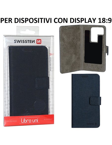 CUSTODIA FLIP ORIZZONTALE UNIVERSALE BLU SCURO con FISSAGGIO ADESIVO DIMENSIONI 158 X 80 mm MISURA 'XL' SWISSTEN BLISTER