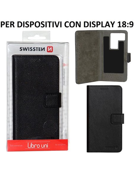 CUSTODIA FLIP ORIZZONTALE SIMILPELLE UNIVERSALE NERA con FISSAGGIO ADESIVO DIMENSIONI 158 X 80 mm MISURA 'XL' SWISSTEN