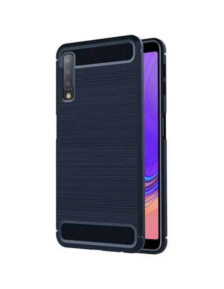 CUSTODIA per SAMSUNG GALAXY A7 2018 (SM-A750) IN GEL TPU SILICONE EFFETTO METALLICO CON INSERTI IN FANTASIA CARBONIO BLU