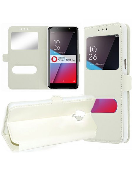 CUSTODIA per VODAFONE SMART N9 LITE - FLIP ORIZZONTALE SIMILPELLE CON INTERNO IN TPU, STAND E DOPPIA FINESTRA ID COLORE BIANCO