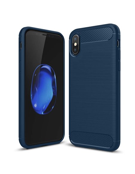 CUSTODIA per APPLE IPHONE X, IPHONE XS (5.8') IN GEL TPU SILICONE EFFETTO METALLICO CON INSERTI IN FANTASIA CARBONIO COLORE BLU