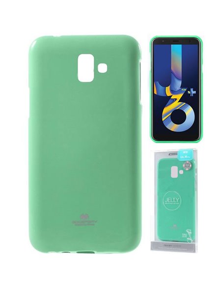 CUSTODIA per SAMSUNG GALAXY J6 PLUS (SM-J610) IN GEL TPU SILICONE VERDE ACQUA LUCIDO CON GLITTER ALTA QUALITA' MERCURY BLISTER