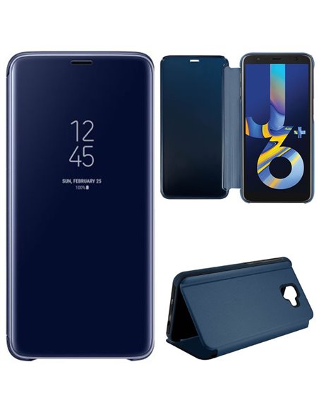 CUSTODIA per SAMSUNG GALAXY J6 PLUS (SM-J610) - FLIP ORIZZONTALE CLEAR VIEW STANDING COVER COLORE BLU