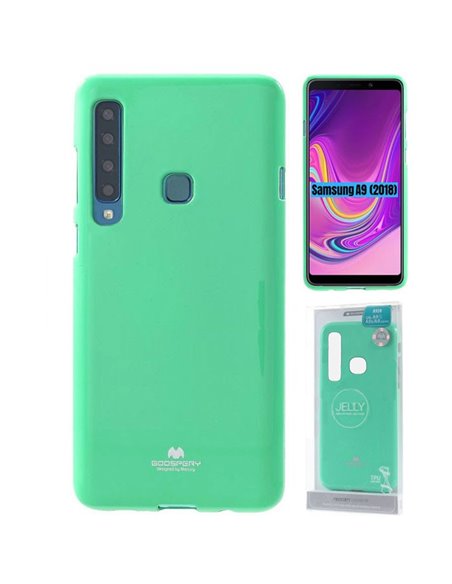 CUSTODIA per SAMSUNG GALAXY A9 2018 (SM-A920) IN GEL TPU SILICONE VERDE ACQUA LUCIDO CON GLITTER ALTA QUALITA' MERCURY BLISTER