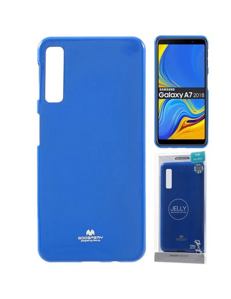 CUSTODIA per SAMSUNG GALAXY A7 2018 (SM-A750) IN GEL TPU SILICONE BLU LUCIDO CON GLITTER ALTA QUALITA' MERCURY BLISTER