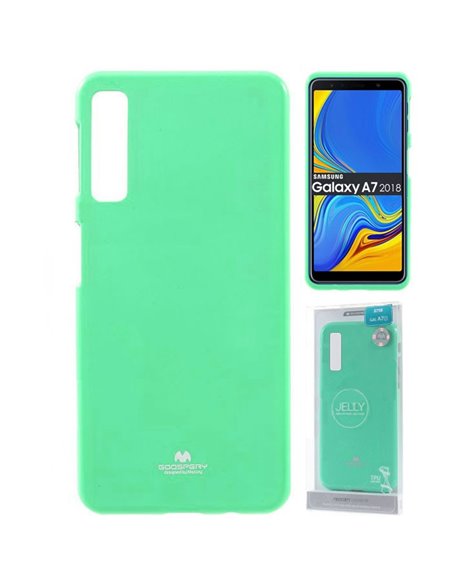 CUSTODIA per SAMSUNG GALAXY A7 2018 (SM-A750) IN GEL TPU SILICONE VERDE ACQUA LUCIDO CON GLITTER ALTA QUALITA' MERCURY BLISTER