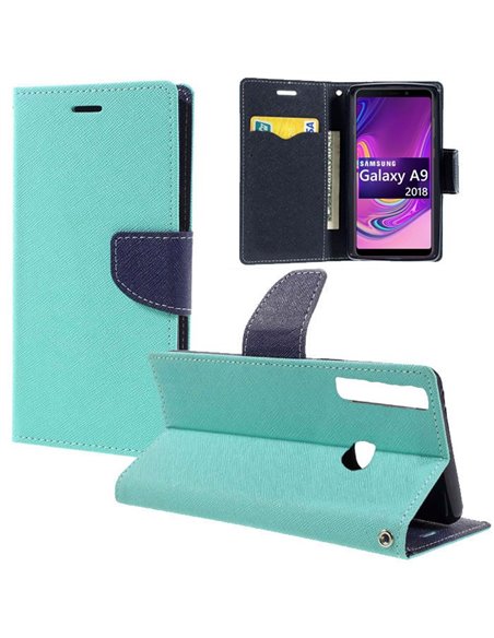 CUSTODIA per SAMSUNG GALAXY A9 2018 (SM-A920) - FLIP ORIZZONTALE CON STAND, INTERNO IN TPU E PORTA CARTE COLORE VERDE ACQUA