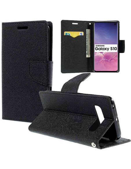 CUSTODIA per SAMSUNG GALAXY S10 (SM-G973) - FLIP ORIZZONTALE CON STAND, INTERNO IN TPU SILICONE E TASCHE PORTA CARTE COLORE NERO