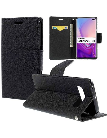 CUSTODIA per SAMSUNG GALAXY S10 PLUS (SM-G975) - FLIP ORIZZONTALE CON STAND, INTERNO IN TPU SILICONE E PORTA CARTE COLORE NERO