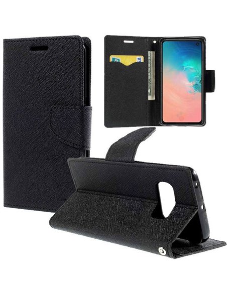 CUSTODIA per SAMSUNG GALAXY S10e (SM-G970) - FLIP ORIZZONTALE CON STAND, INTERNO IN TPU SILICONE E PORTA CARTE COLORE NERO