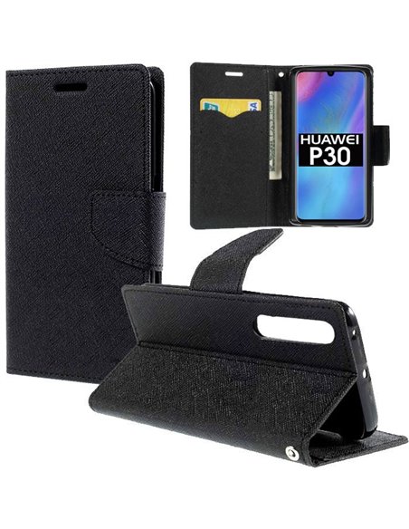 CUSTODIA per HUAWEI P30 - FLIP ORIZZONTALE CON INTERNO IN TPU SILICONE, STAND, PORTA CARTE E CHIUSURA MAGNETICA COLORE NERO