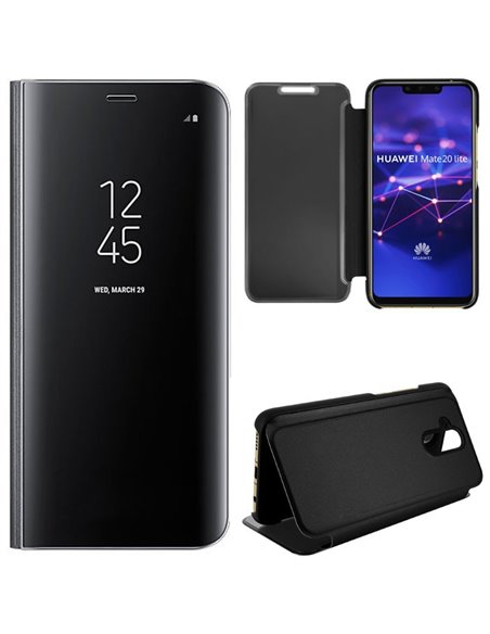 CUSTODIA per HUAWEI MATE 20 LITE - FLIP ORIZZONTALE CLEAR VIEW STANDING COVER COLORE NERO