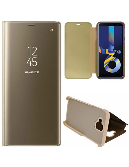 CUSTODIA per SAMSUNG GALAXY J6 PLUS (SM-J610) - FLIP ORIZZONTALE CLEAR VIEW STANDING COVER COLORE ORO