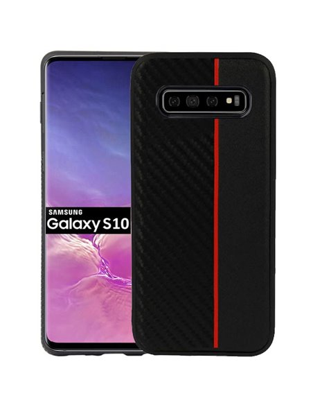 CUSTODIA per SAMSUNG GALAXY S10 (SM-G973) IN GEL TPU SILICONE COLORE NERO EFFETTO CARBONIO CON INSERTO ROSSO