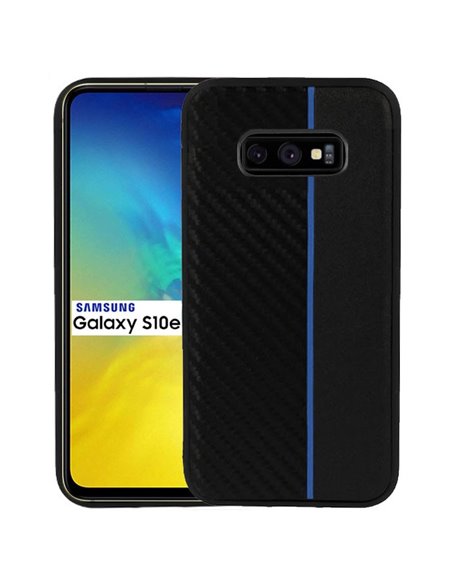 CUSTODIA per SAMSUNG GALAXY S10e (SM-G970) IN GEL TPU SILICONE COLORE NERO EFFETTO CARBONIO CON INSERTO BLU