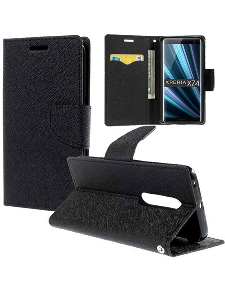 CUSTODIA per SONY XPERIA 1 - FLIP ORIZZONTALE CON INTERNO IN TPU SILICONE, STAND E TASCHE PORTA CARTE COLORE NERO