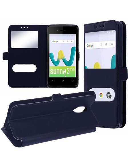 CUSTODIA per WIKO SUNNY 3 MINI - FLIP ORIZZONTALE SIMILPELLE CON INTERNO IN TPU E DOPPIA FINESTRA ID COLORE BLU SCURO