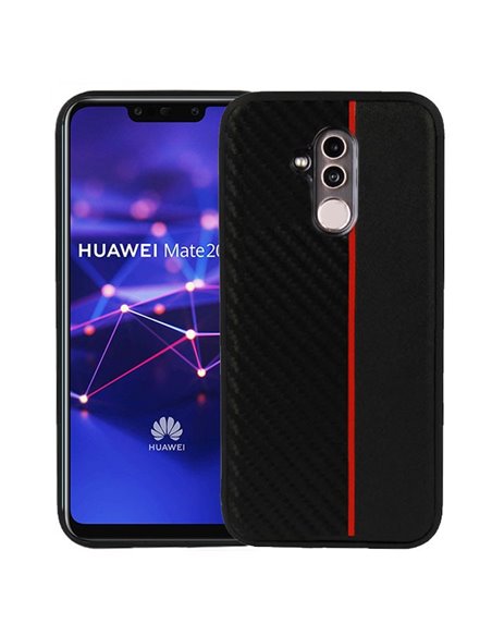 CUSTODIA per HUAWEI MATE 20 LITE IN GEL TPU SILICONE COLORE NERO EFFETTO CARBONIO CON INSERTO ROSSO