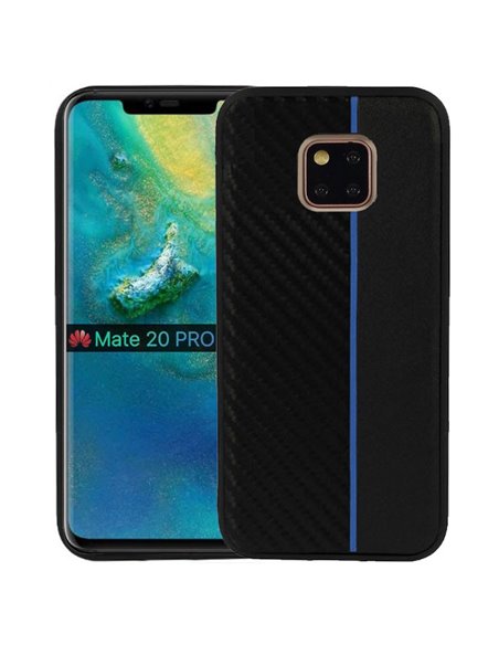 CUSTODIA per HUAWEI MATE 20 PRO IN GEL TPU SILICONE COLORE NERO EFFETTO CARBONIO CON INSERTO BLU