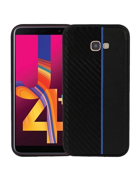 CUSTODIA per SAMSUNG GALAXY J4 PLUS (SM-J415) IN GEL TPU SILICONE COLORE NERO EFFETTO CARBONIO CON INSERTO BLU