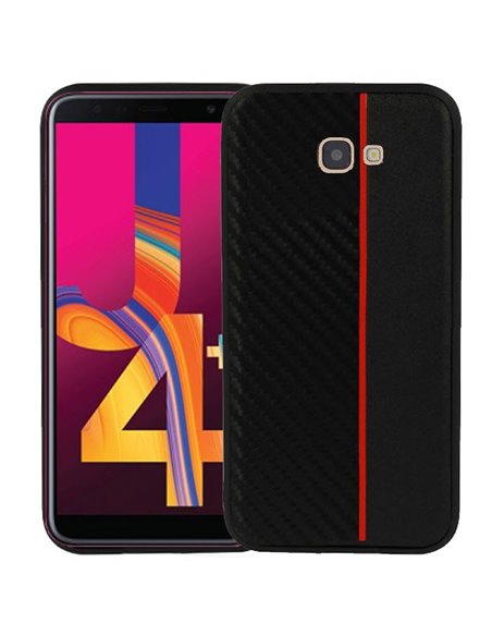 CUSTODIA per SAMSUNG GALAXY J4 PLUS (SM-J415) IN GEL TPU SILICONE COLORE NERO EFFETTO CARBONIO CON INSERTO ROSSO