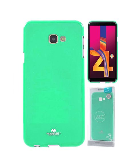 CUSTODIA per SAMSUNG GALAXY J4 PLUS (SM-J415) IN GEL TPU SILICONE VERDE ACQUA LUCIDO CON GLITTER ALTA QUALITA' MERCURY BLISTER