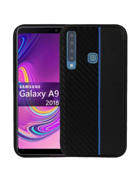 CUSTODIA per SAMSUNG GALAXY A9 2018 (SM-A920) IN GEL TPU SILICONE COLORE NERO EFFETTO CARBONIO CON INSERTO BLU