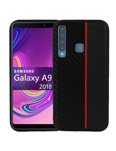 CUSTODIA per SAMSUNG GALAXY A9 2018 (SM-A920) IN GEL TPU SILICONE COLORE NERO EFFETTO CARBONIO CON INSERTO ROSSO