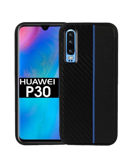 CUSTODIA per HUAWEI P30 IN GEL TPU SILICONE COLORE NERO EFFETTO CARBONIO CON INSERTO BLU